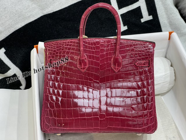 Hermes專櫃經典款鱷魚皮Birkin手提女包 愛馬仕鉑金25CM純手縫高光尼羅鱷魚肚皮女包 zhh1249